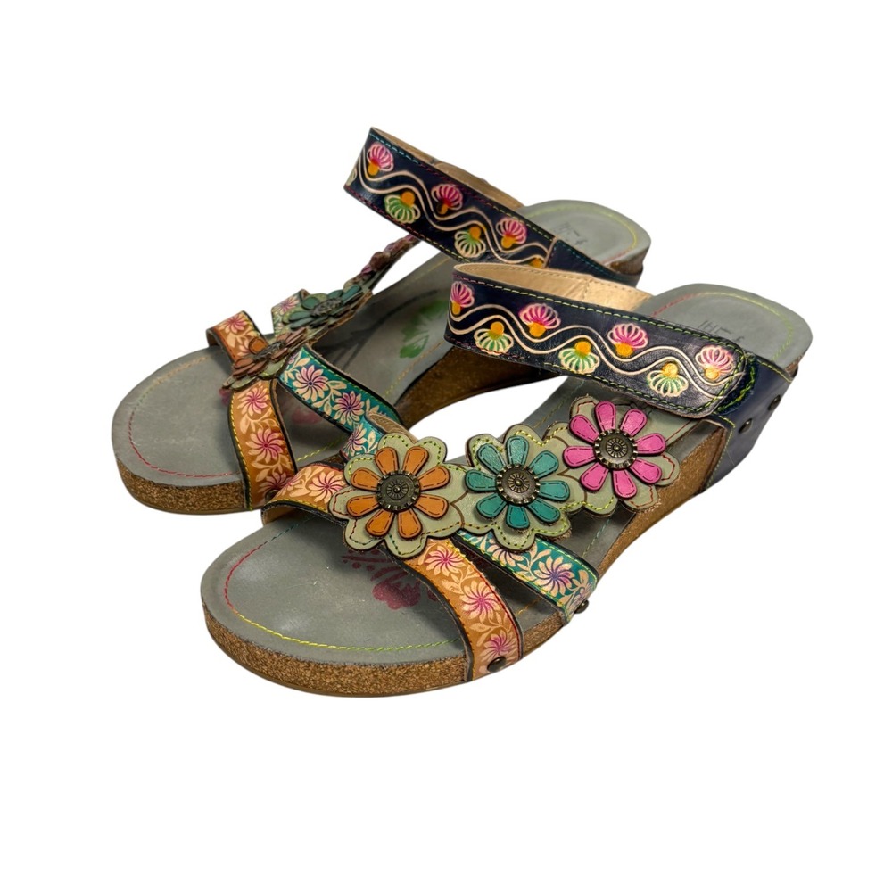 L'Artiste Sandals Womens Size 11 Multicolor Delight Floral Leather Cork Wedge 42